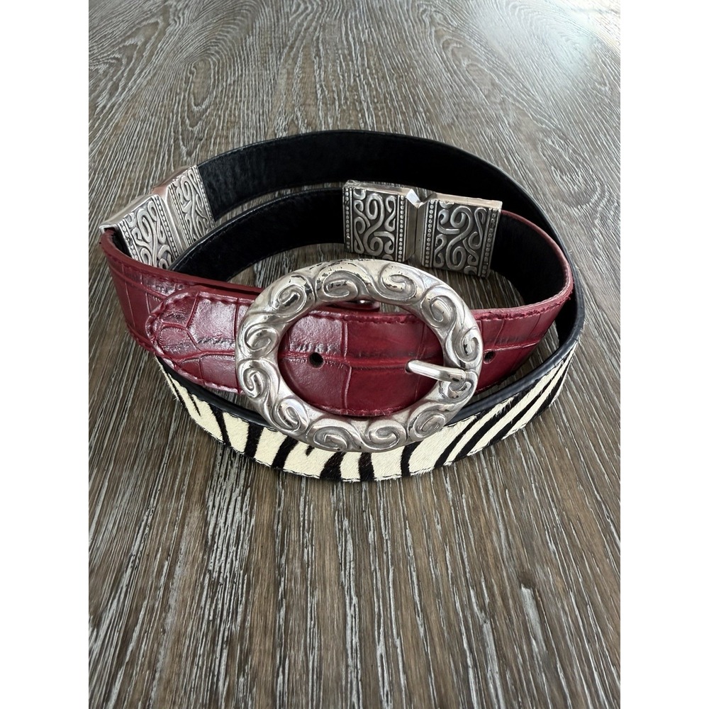 VTG Brighton Reversible Croco Embossed Leather Belt Black Red Zebra Calf Hair L
